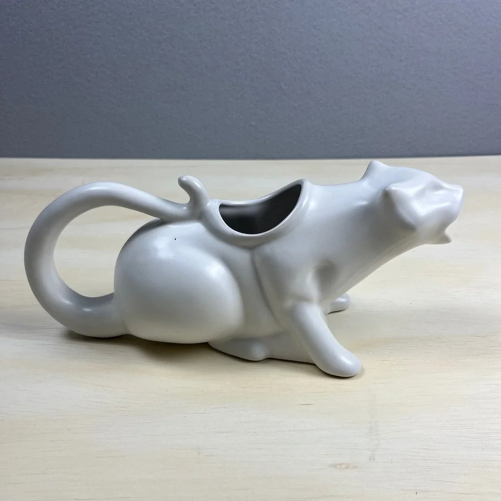 Puking Kitty Gravy Boat White Ceramic Novelty Cat Sauce Pitcher Humor Gift